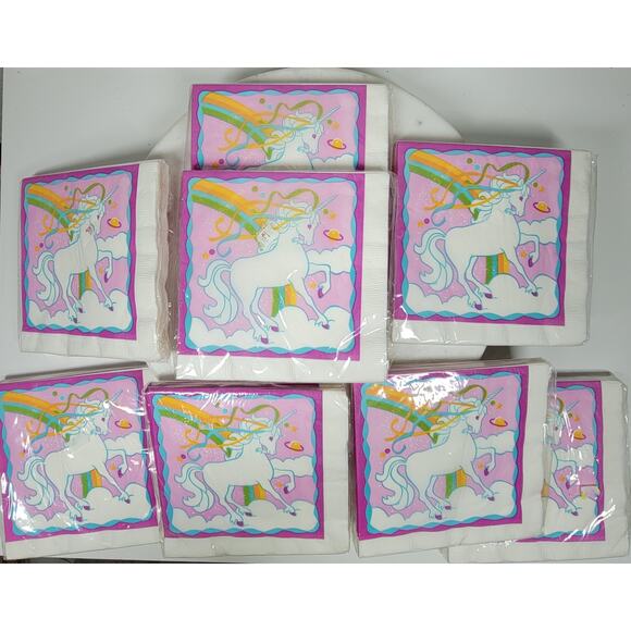 Vintage Rainbow Unicorn Luncheon Paper‎ Napkins Pink 8 packs of 16 New Unopened - Picture 1 of 9